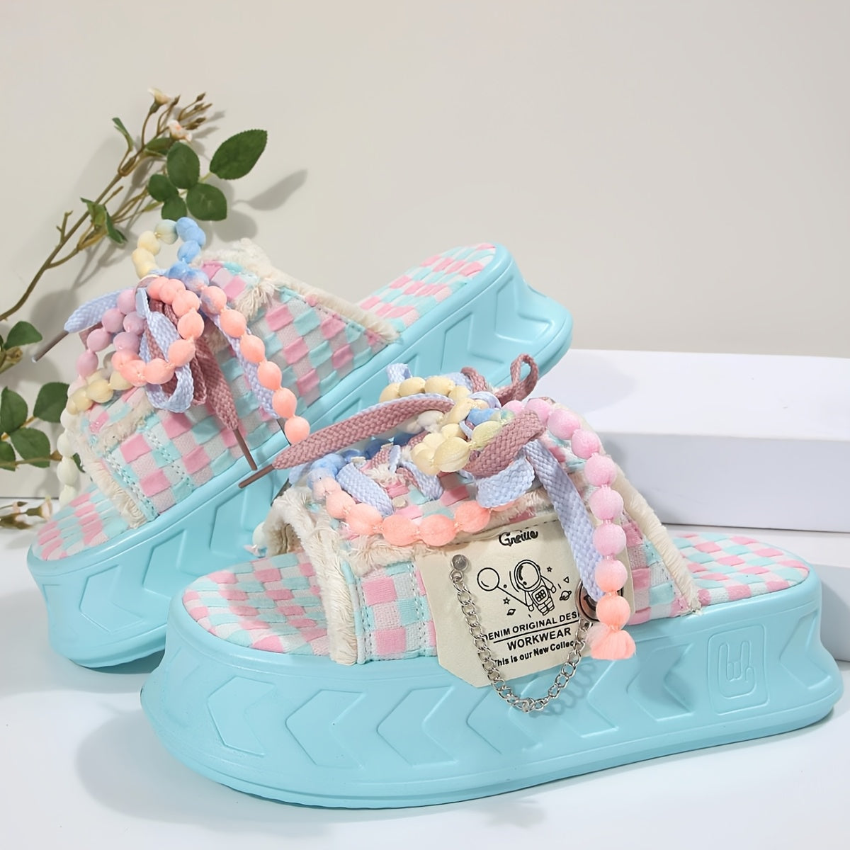 Women's Stylish Light Blue Platform Sandals with & Bow Accents - Thick Sole, Open Toe, Fabric Upper, Summer Fashion Shoes for Casual or Outdoor Wear, Versatile Slippers | Trendy Platform Sandals | Fabric Upper Sandals, Ladies